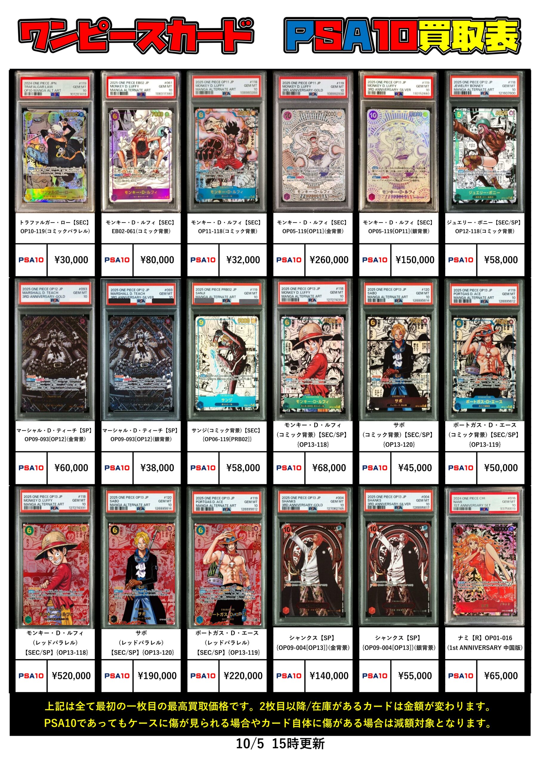 ワンピースカード】PSA10・未開封BOXの買取チラシ更新しました